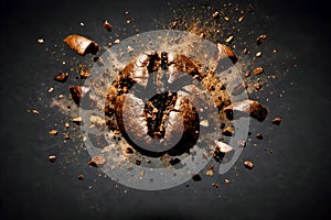 Exploding Roasted Coffee Bean With Flying Particles On Dark Background Representing Intense Aroma Freshness And Energy