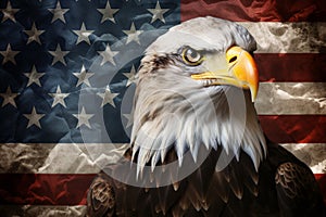 Powerful american bald eagle majestically perched on a distressed grunge american flag