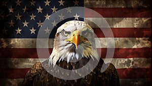 Powerful american bald eagle proudly perched on a distressed and weathered grunge american flag