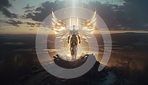 Powerful angel standing on a mountain peak in glowing golden light. Supernatural being. Generative AI