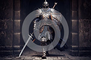 powerful armored walking knight with sword and shield