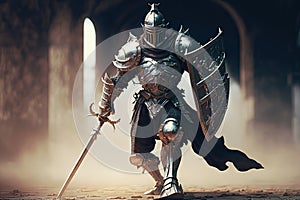 powerful armored walking knight with sword and shield