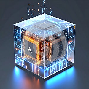 Futuristic AI CPU Core in a Luminous Tech Cube