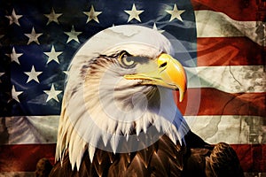 A powerful bald eagle dominates, set against the American flag featuring state designs. Generate Ai