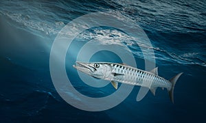 Powerful Barracuda in Deep Blue Ocean with Sunlight Ray