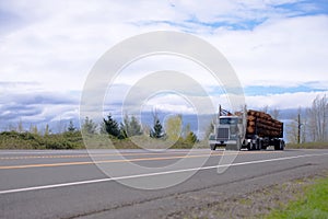 Powerful big rig semi truck transporting logs on the straight road