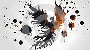 Phoenix silhouette dissolving into ink splatters with fractal detail â bold black vector isolated