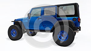 Powerful blue tuned SUV for expeditions in mountains, swamps, desert and any rough terrain on white. Big wheels, lift