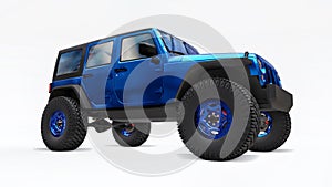 Powerful blue tuned SUV for expeditions in mountains, swamps, desert and any rough terrain on white. Big wheels, lift