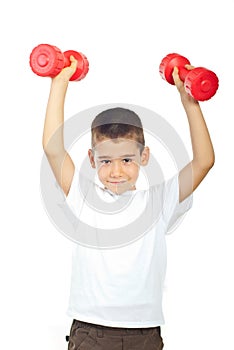 Powerful boy lifting dumbbel