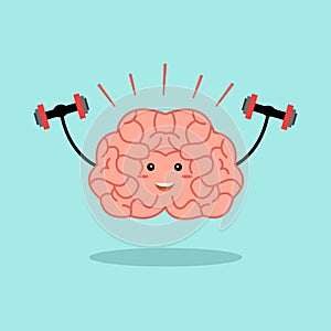 Powerful brain concept vector illustration. Brain training in flat design. Brain lifting dumbbells. Mind exercise and concentratio