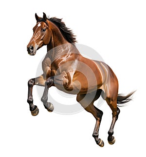 Powerful brown horse raising forelegs in air