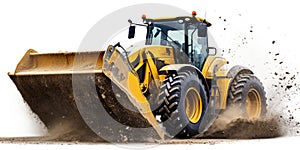 A powerful bulldozer driving through a dirt field. Suitable for construction or industrial themes