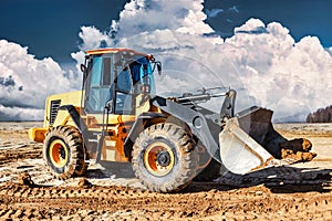 Powerful bulldozer or loader moves the earth at the construction site against the sky. An earthmoving machine is leveling the site