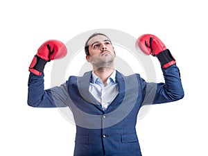 Powerful businessman leader in suit with red boxing gloves celebrating success, flexing arm muscles with hands raised up. Victory