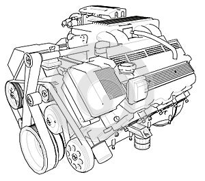 Powerful car engine. The engine is drawn with black lines on a white background.