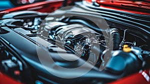 Powerful car engine showing its complex mechanics and engineering