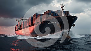 Powerful Cargo Ship Sailing Through Stormy Seas