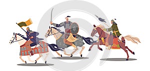 Powerful Charge Of Armored Asian Mongol Warrior Characters On Horses, Brandishing Weapons, Vector Illustration