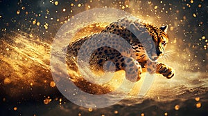Powerful cheetah in motion, bathed in golden light photo