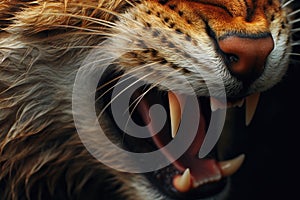 A powerful close-up image capturing a tigers face with its mouth wide open in a fierce roar., A rough and scratchy texture of a