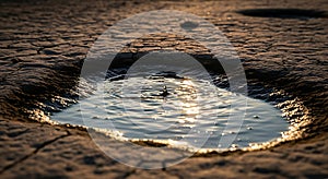 Precious Water Drop on Dry Cracked Earth at Sunset