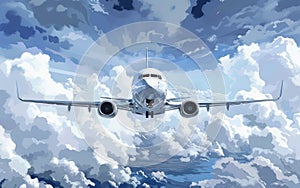 A powerful commercial jetliner glides effortlessly through the billowing white clouds, a testament to modern aviation