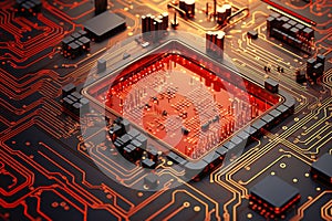 A powerful computer processor or chip on a motherboard. Modern technologies. Red background