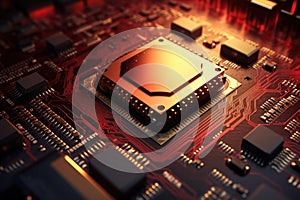 A powerful computer processor or chip on a motherboard. Modern technologies. Red background. Modern electronics production