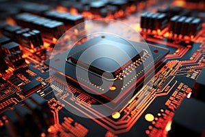 A powerful computer processor or chip on a motherboard. Modern technologies. Red background. Modern electronics production