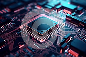 A powerful computer processor or chip on a motherboard. Modern technologies. Red background. Modern electronics production