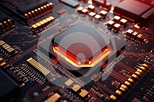A powerful computer processor or chip on a motherboard. Modern technologies. Red background. Modern electronics production
