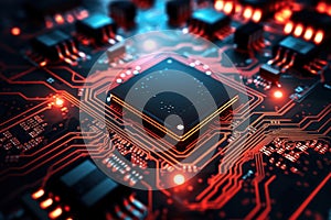 A powerful computer processor or chip on a motherboard. Modern technologies. Red background. Modern electronics production