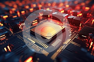 A powerful computer processor or chip on a motherboard. Modern technologies. Red background. Modern electronics production