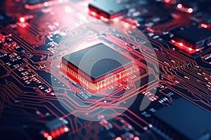 A powerful computer processor or chip on a motherboard. Modern technologies. Red background. Modern electronics production
