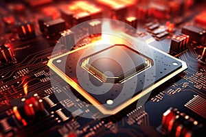 A powerful computer processor or chip on a motherboard. Modern technologies. Red background. Modern electronics production