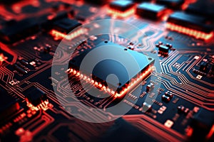 A powerful computer processor or chip on a motherboard. Modern technologies. Red background. Modern electronics production