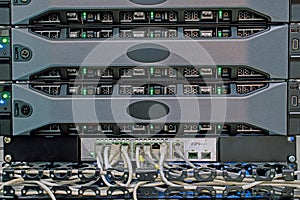 Powerful computer server connected to internet switch in the server room