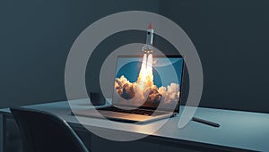 Business Startup Launch Concept with Rocket Taking Off From Laptop