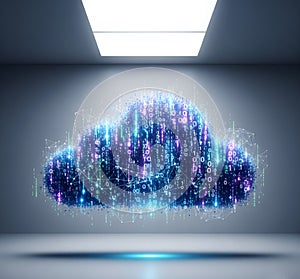A powerful and conceptual visual representing cloud computing and big data. The image shows a glowing, dynamic cloud shape
