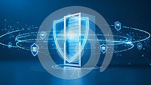 Cybersecurity and Data Protection Concept with Server Shield and Digital Network Security