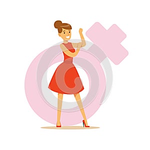 Powerful confident woman in a red dress showing her biceps, feminism colorful character vector Illustration