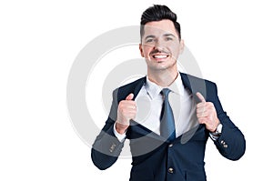 Powerful and confident young salesman opening his suit jacket