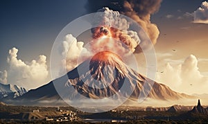 Powerful daytime volcano eruption. Big explosion. photo