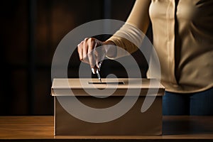 Female hand putting voting paper in the ballot box. Election concept. Ai generative