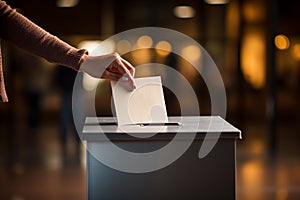 Male hand putting voting paper in the ballot box. Election concept. Ai generative