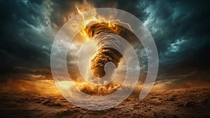 A powerful desert tornado with sand swirling and lightning flashing in the background