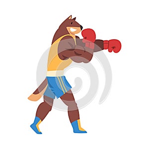 Powerful Dog Boxing with Gloves, Sportive Animal Character Wearing Uniform Doing Sports Vector Illustration