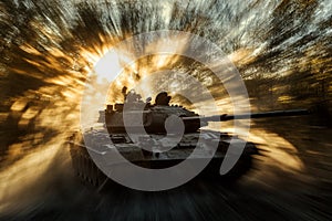 A powerful double-exposure photograph of a tank moving forward, infused with dramatic sun rays that