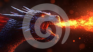 A Powerful Dragon Breathing Intense Fire in a Dark Fantasy Setting with Fiery Sparks. photo